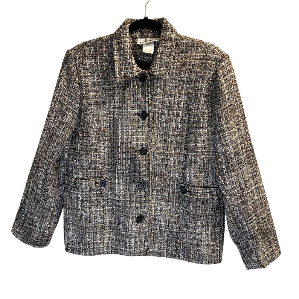 N Touch Tweed Button Front  Blazer Jacket Size 12 Brown Black Retro Academia